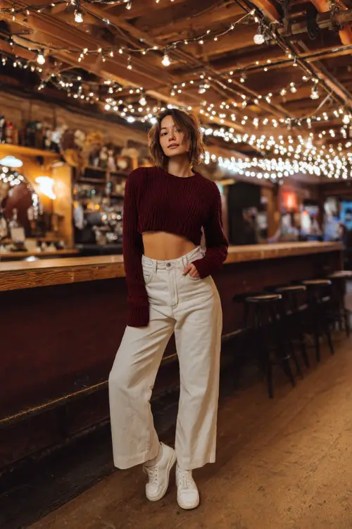 A woman wearing wide-leg jeans, a cropped burgundy knit sweater, and white sneakers, standing at a cozy fall bar with string lights overhead
