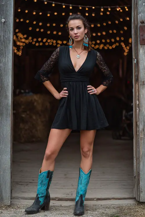 A woman wears a black fit-and-flare dress with lace sleeves, styled with embroidered cowboy boots and turquoise earrings 