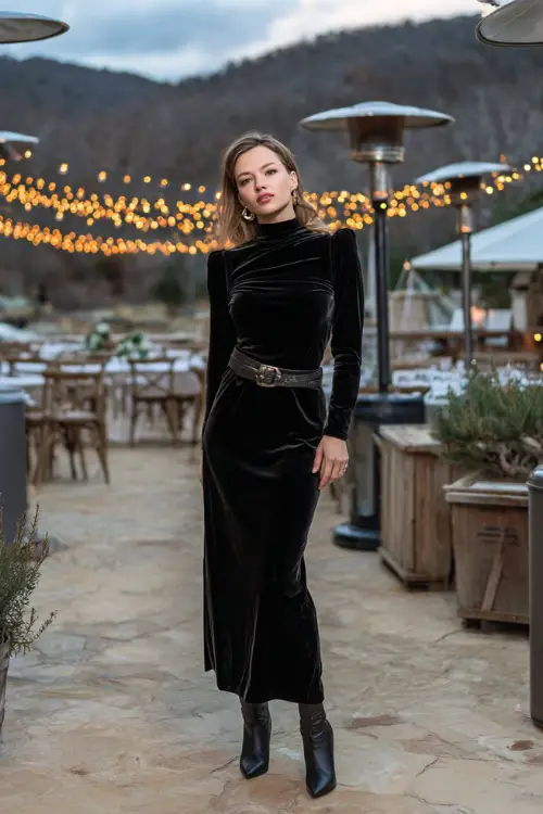 A woman wears a black velvet long-sleeve gown with a high neckline, accessorized with a metallic belt and heeled boots 