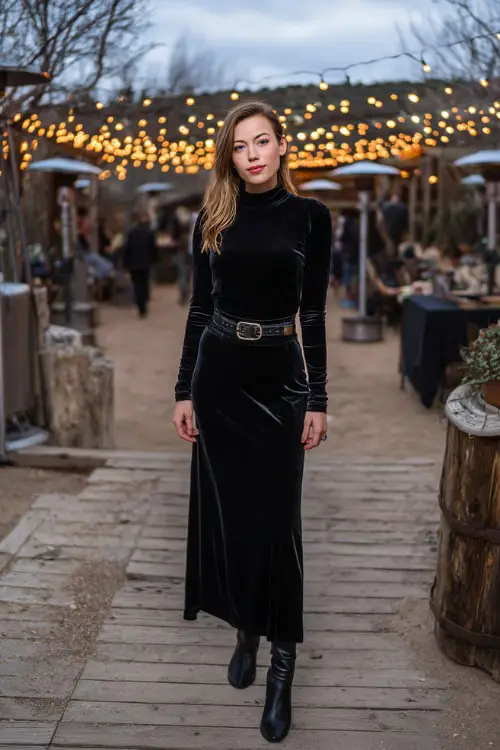 A woman wears a black velvet long-sleeve gown with a high neckline, accessorized with a metallic belt and heeled boots 