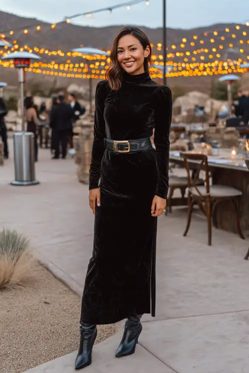 A woman wears a black velvet long-sleeve gown with a high neckline, accessorized with a metallic belt and heeled boots 