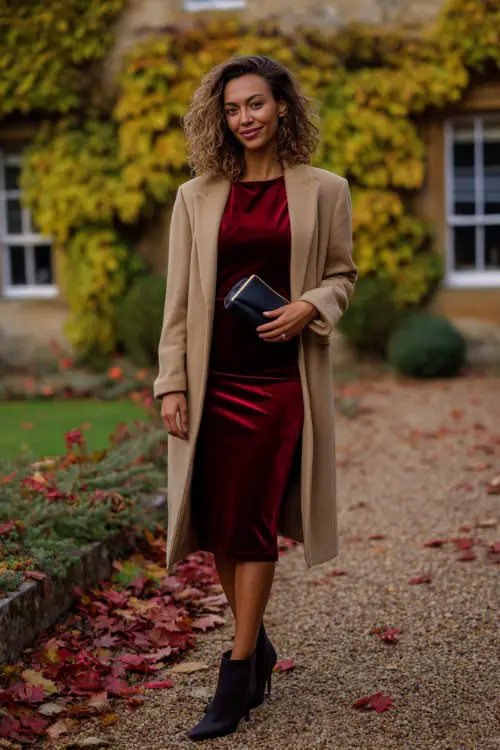 A woman wears a burgundy velvet midi dress with long sleeves, layered under a tailored camel wool coat, styled with black heeled boots and a clutch 