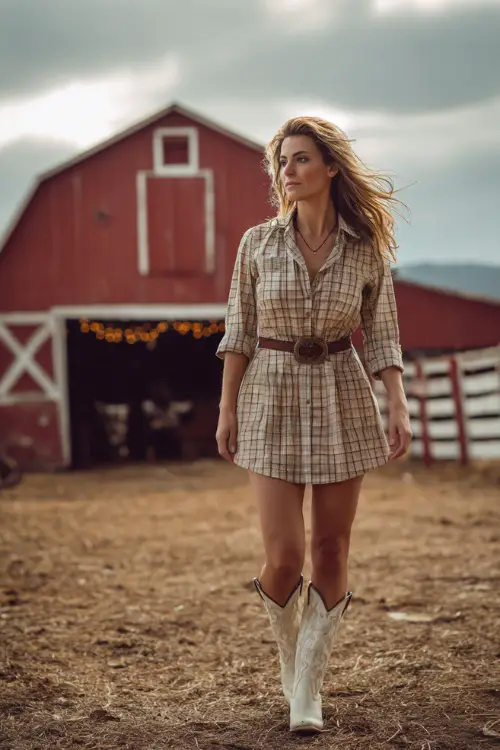 A woman wears a casual plaid dress styled with a leather belt and tall white cowboy boots 