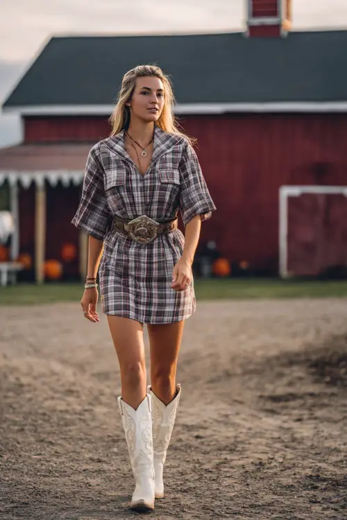 A woman wears a casual plaid dress styled with a leather belt and tall white cowboy boots