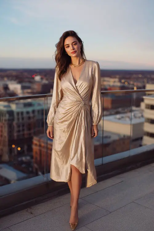 A woman wears a champagne wrap midi dress with long bishop sleeves, styled with gold heels and delicate jewelry 