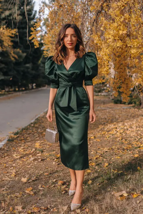 A woman wears a dark green satin midi dress with puff sleeves and a tie waist, styled with metallic heels and a small handbag 