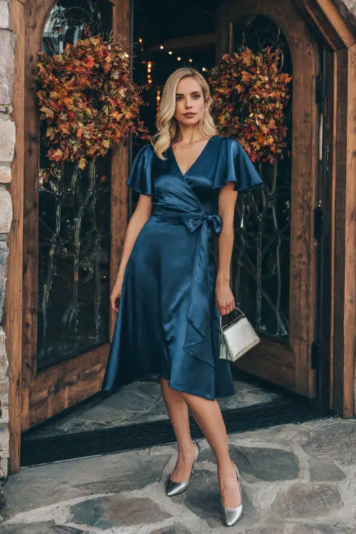 A woman wears a deep blue satin wrap dress with flutter sleeves and a flowy skirt, styled with silver pumps and a small handbag 