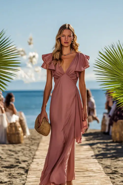 A woman wears a dusty rose chiffon midi dress with flutter sleeves, styled with wedge sandals and a straw clutch, walking along a decorated seaside wedding aisle with palm fronds 