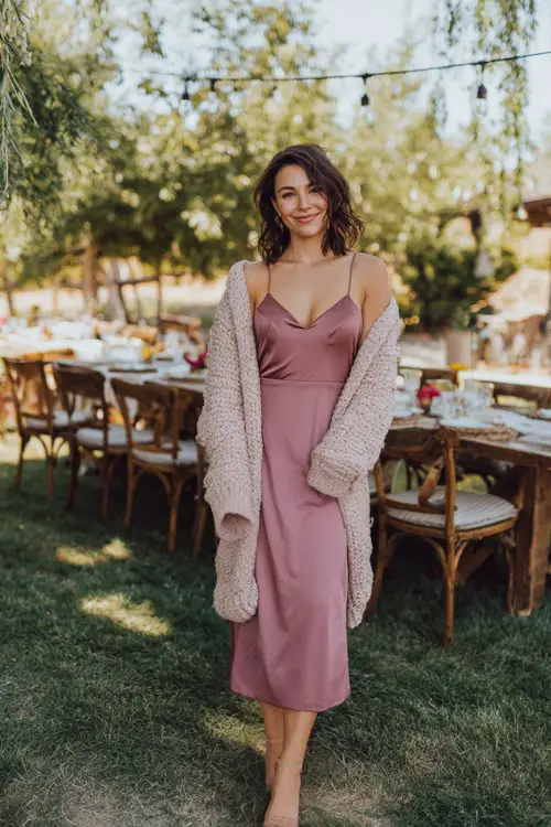 A woman wears a dusty rose midi slip dress with a soft knit cardigan layered on top, styled with block heels, standing in a backyard wedding setting with string lights and rustic tables 