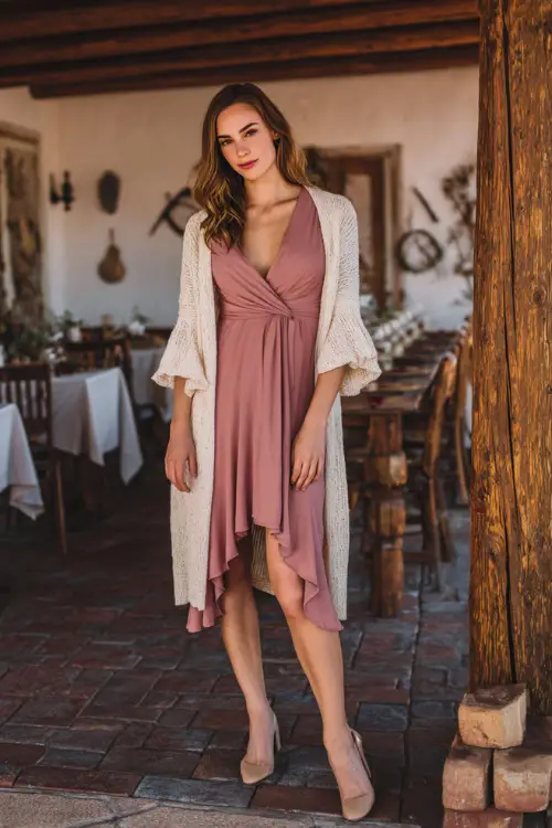 A woman wears a dusty rose wrap dress with flutter sleeves, styled with a long cream cardigan and closed-toe block heels