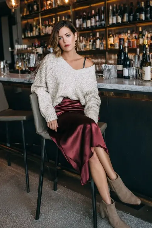 A woman wears a fall night going out outfit with a satin slip skirt with a chunky knit sweater and heeled booties for a cozy night out at a wine bar