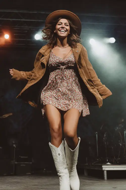A woman wears a floral embroidered boho dress with a suede jacket, wide-brim felt hat, and tall white cowboy boots