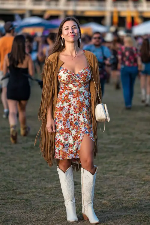 A woman wears a floral midi wrap dress with a suede fringe jacket, styled with tall white cowboy boots and a fringe crossbody bag at an outdoor fall concert 
