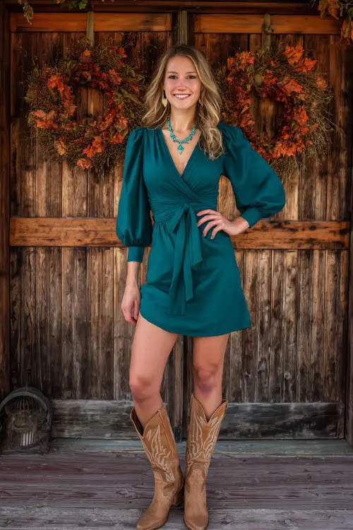 A woman wears a forest green wrap dress with puff sleeves and a belted waist, styled with tan cowboy boots and turquoise jewelry 