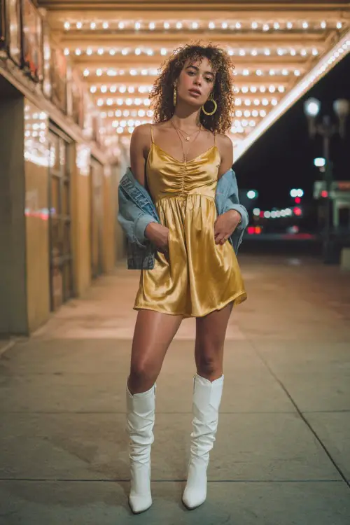 A woman wears a gold satin dress paired with a denim jacket, hoop earrings, and tall white boots