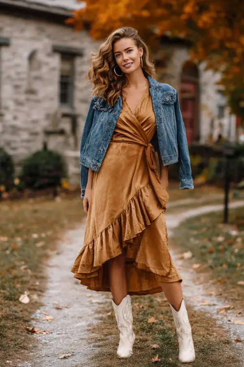 A woman wears a golden-brown midi wrap dress with ruffle hems, paired with cream cowgirl boots and a denim jacket over her shoulders 