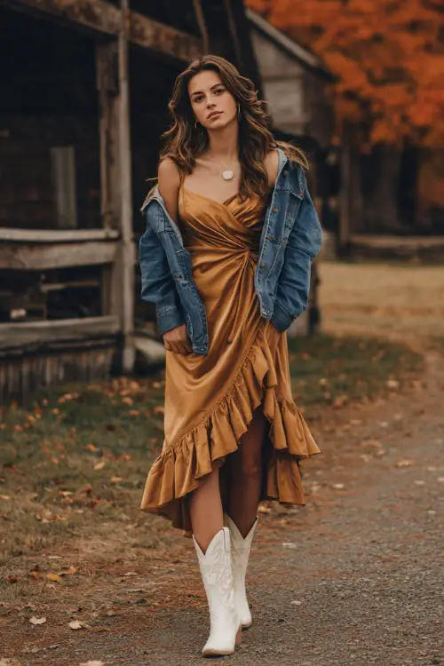 A woman wears a golden-brown midi wrap dress with ruffle hems, paired with cream cowgirl boots and a denim jacket over her shoulders