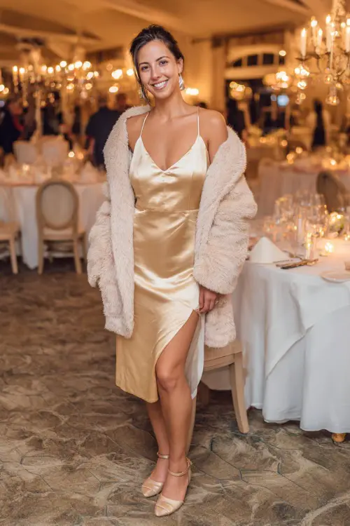 A woman wears a golden satin slip dress layered with a soft beige shawl, styled with strappy heels and pearl earrings, posing at an indoor wedding reception with candles and chandeliers