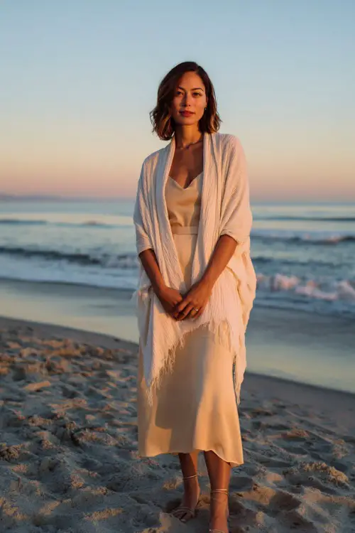 A woman wears a light champagne slip dress layered with a soft white shawl, styled with flat strappy sandals, standing on the sand at sunset during a November beach ceremony 