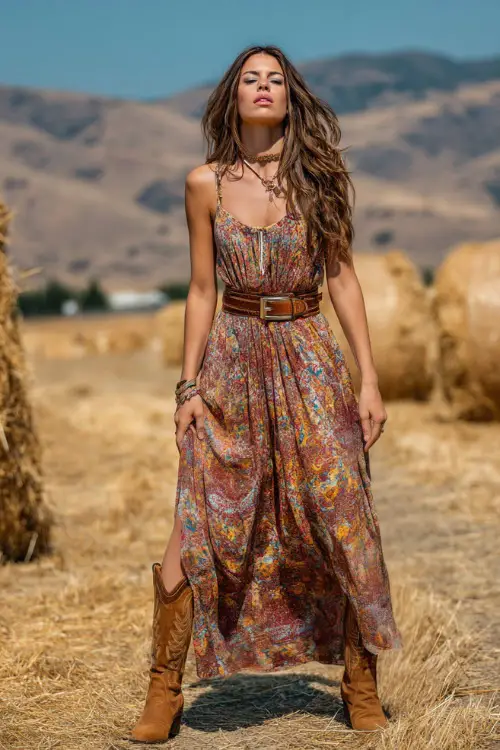 A woman wears a long floral maxi dress in earthy tones, paired with suede cowgirl boots and a leather belt