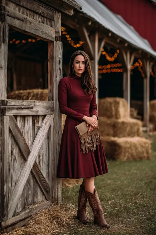 A woman wears a long-sleeve burgundy midi dress with a flared skirt, paired with brown leather cowboy boots and a fringed clutch 