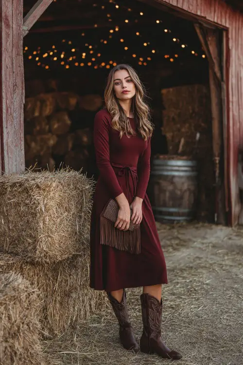 A woman wears a long-sleeve burgundy midi dress with a flared skirt, paired with brown leather cowboy boots and a fringed clutch 