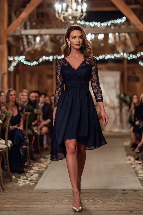 A woman wears a navy blue chiffon A-line dress with lace sleeves, styled with silver heels and pearl earrings, walking along a decorated wedding aisle inside a rustic barn venue 
