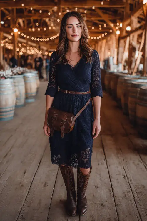 A woman wears a navy blue lace midi dress with three-quarter sleeves, styled with brown Western boots and a leather crossbody bag 
