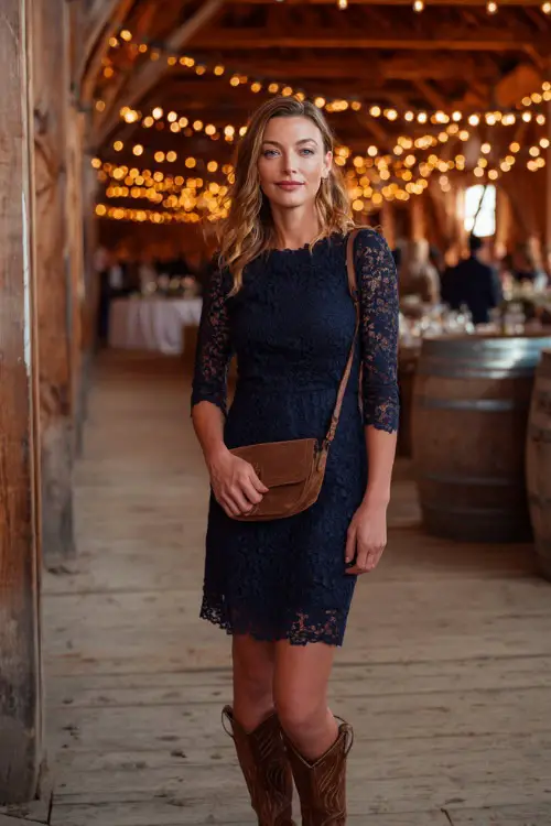 A woman wears a navy blue lace midi dress with three-quarter sleeves, styled with brown Western boots and a leather crossbody bag 