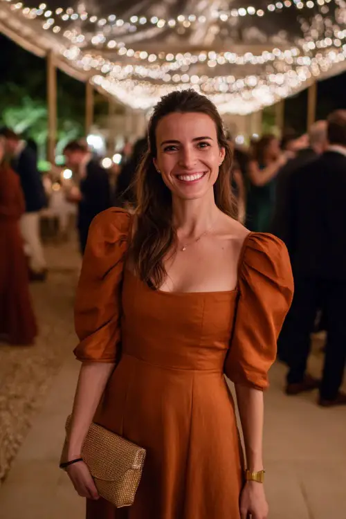 A woman wears a rust-orange midi dress with a square neckline and puff sleeves, styled with block heels and a clutch 