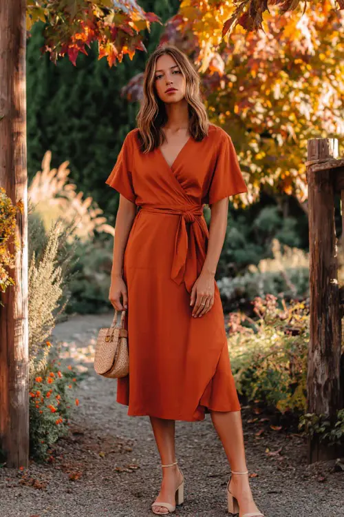 A woman wears a rust-orange midi wrap dress with short flutter sleeves, styled with tan block heels and a crossbody bag, posing in a rustic outdoor wedding garden with autumn leaves