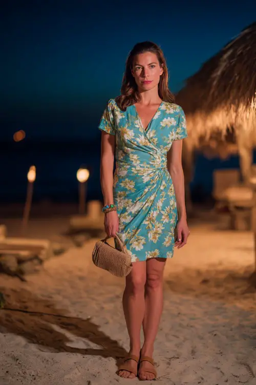 A woman wears a turquoise floral wrap dress with short sleeves, paired with tan flat sandals and a straw clutch, standing on the beach near tiki torches glowing in the November evening