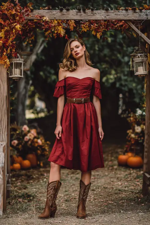 A woman wears a wine-red off-the-shoulder midi dress with a flowy skirt, paired with suede cowboy boots and a leather belt