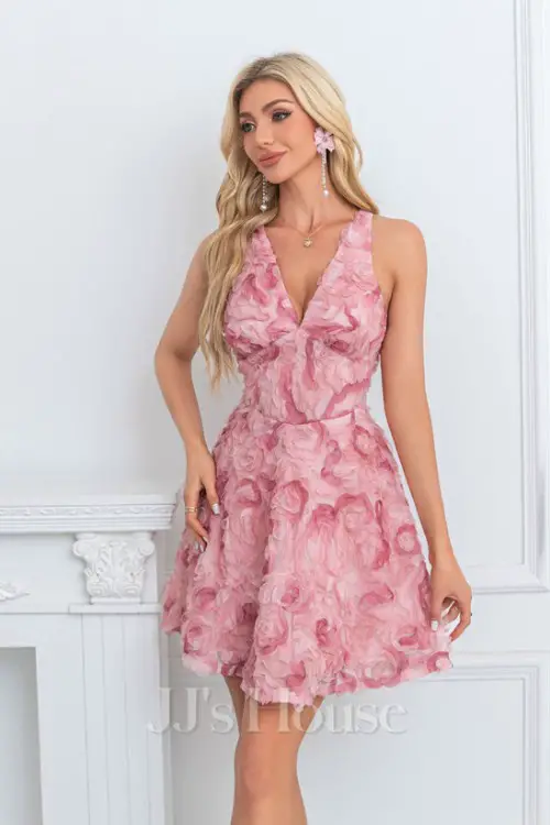 Flower V-Neck Sleeveless A-line Tulle Mini Dress