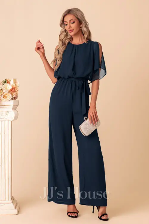 Scoop Short Sleeve Flutter Sleeve Chiffon Maxi Jumpsuits