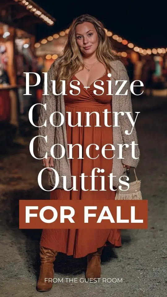 a plus size woman wears a rust dress with a cardigan and boots outfit for fall country concert