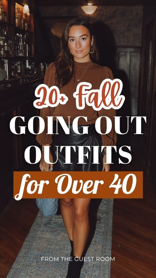a woman in a fall going out outfit with a long sleeve brown top and a black leather skirt (1)