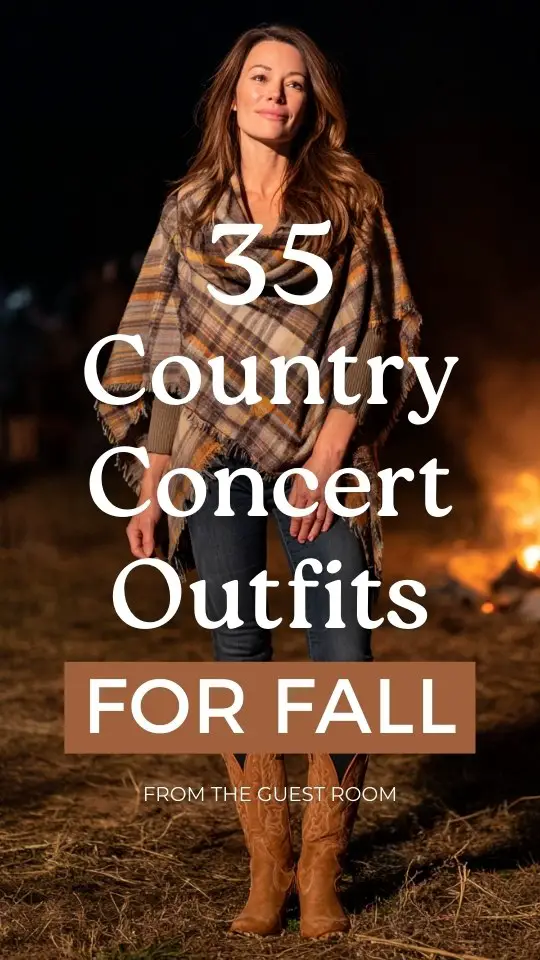 a woman wears a fall country concert outfit with a plaid scarf with a simple shirt, cowboy boots and jeans