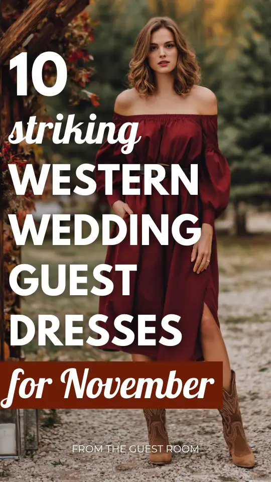 a woman wears a red western fall wedding guest dress for a November wedding