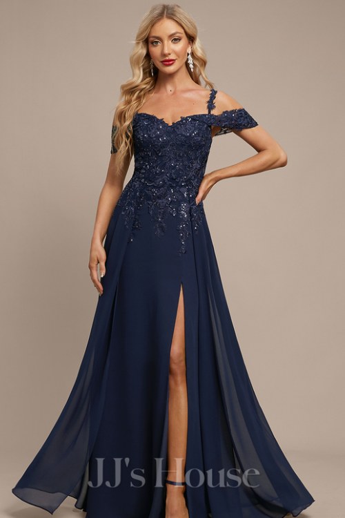 A-line Cold Shoulder Floor-Length Lace Chiffon Evening Dress With Overskirt Sequins