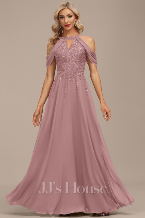 A-line Cold Shoulder Halter Floor-Length Lace Chiffon Evening Dress With Sequins