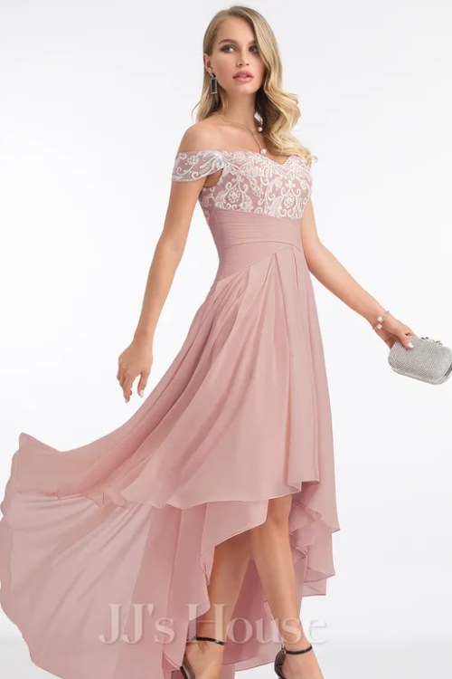 A-line Off the Shoulder Asymmetrical Lace Chiffon Evening Dress With Pleated