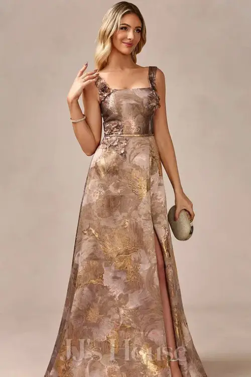 A-line Square Floor-Length Jacquard Evening Dress With 3D Floral