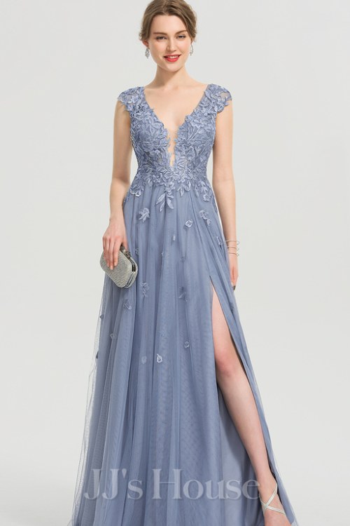 A-line V-Neck Floor-Length Tulle Lace Evening Dress With Sequins