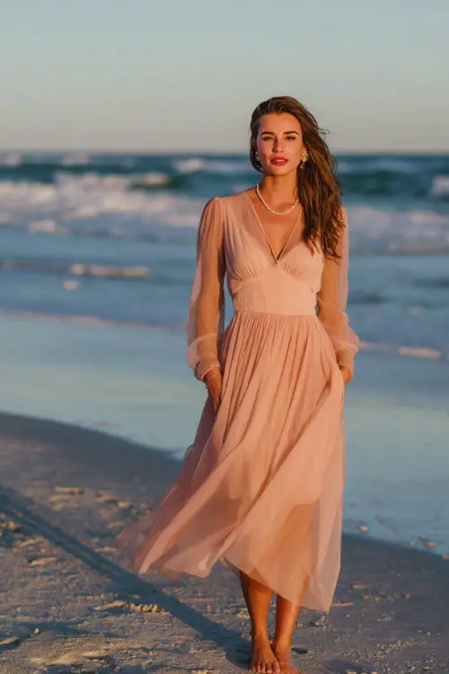A woman wears a blush pink chiffon maxi dress with long sheer sleeves, paired with delicate sandals and pearl earrings 