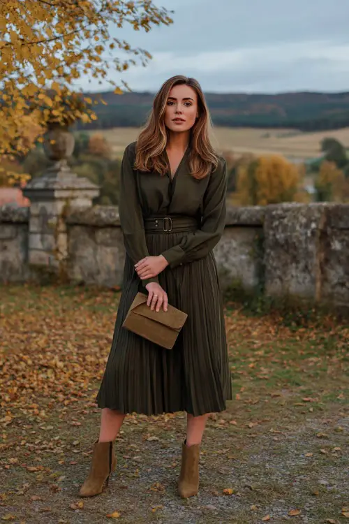 A woman wears a dark olive green pleated midi dress with a belted waist, paired with suede ankle boots and a clutch 