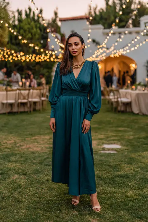 A woman wears a dark teal-green maxi dress with bishop sleeves and a cinched waist 