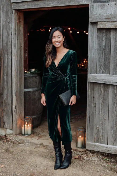 A woman wears a deep forest green velvet wrap dress with long sleeves, paired with black heeled boots and a clutch 