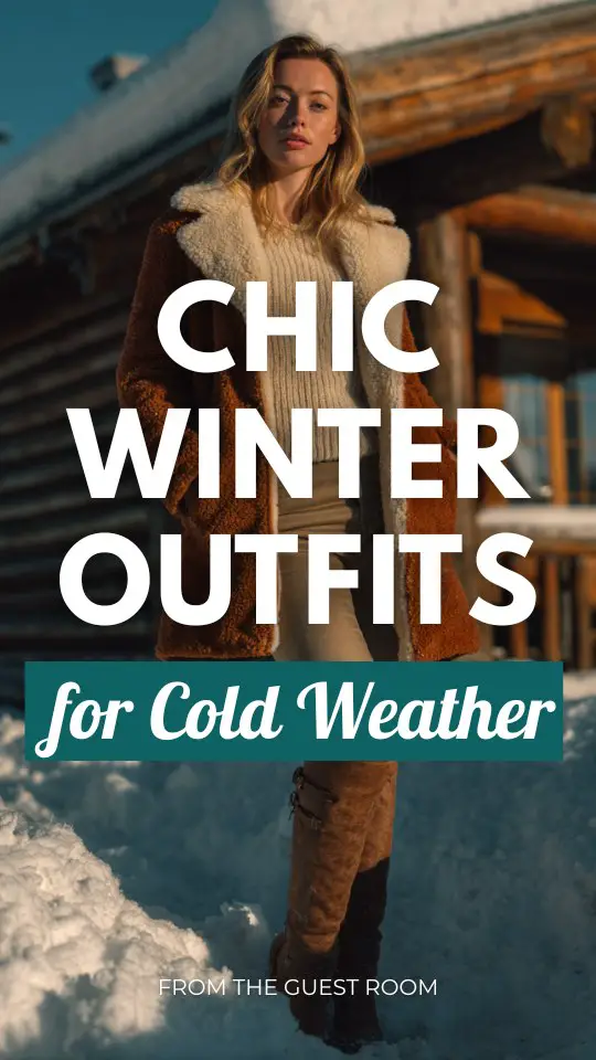 A woman wears a winter outfit with a faux fur coat, thick sweater, skinny jeans, and knee-high boots in cold weather