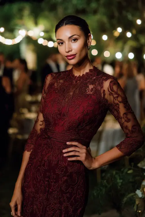 A woman wears an opulent midi-length wedding guest dress in rich crimson silk crepe, fully adorned with intricate baroque-inspired embroidery